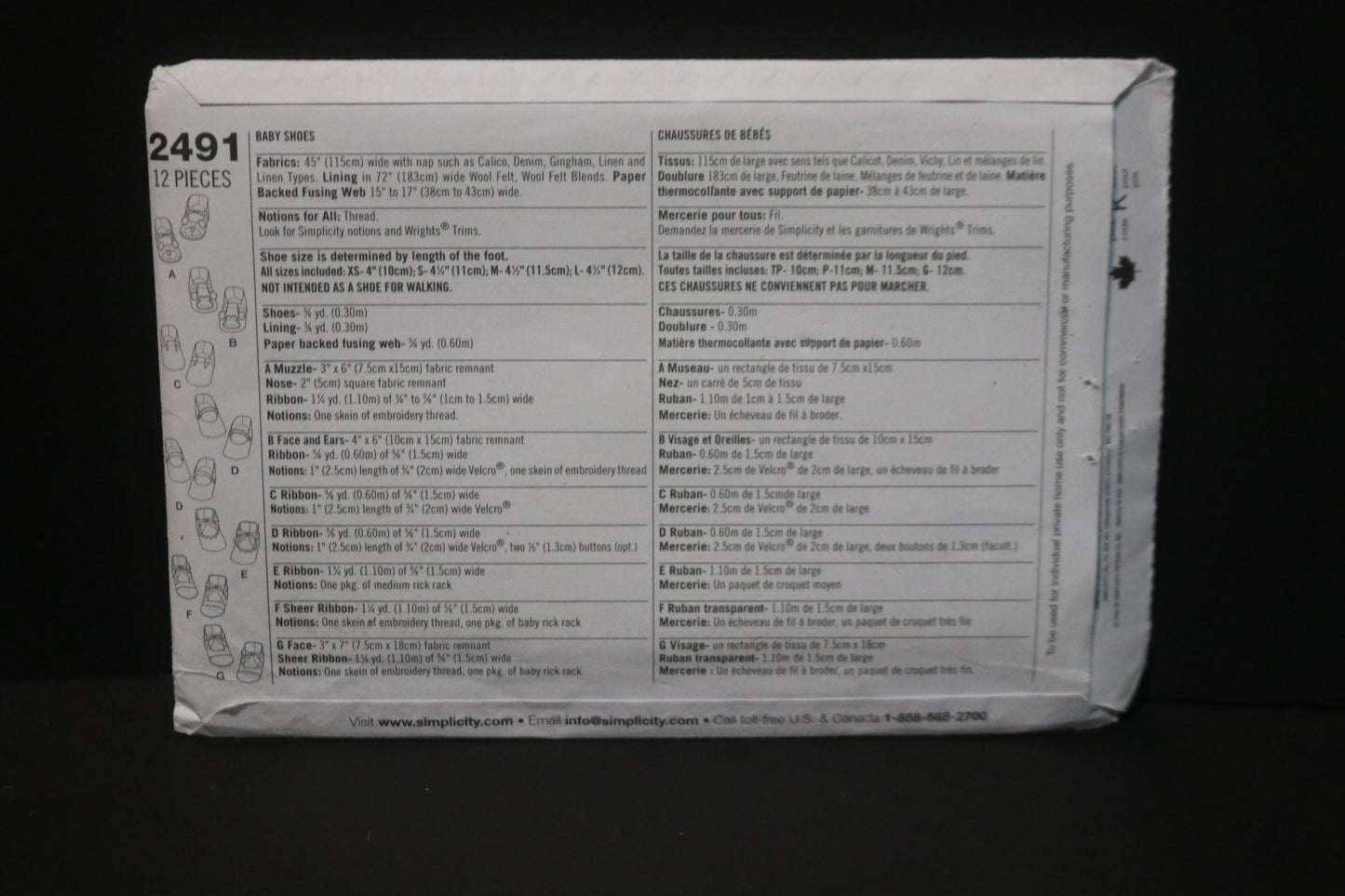 Simplicity 2491 Baby Shoes Sewing Pattern - UNCUT - Size XS S M L