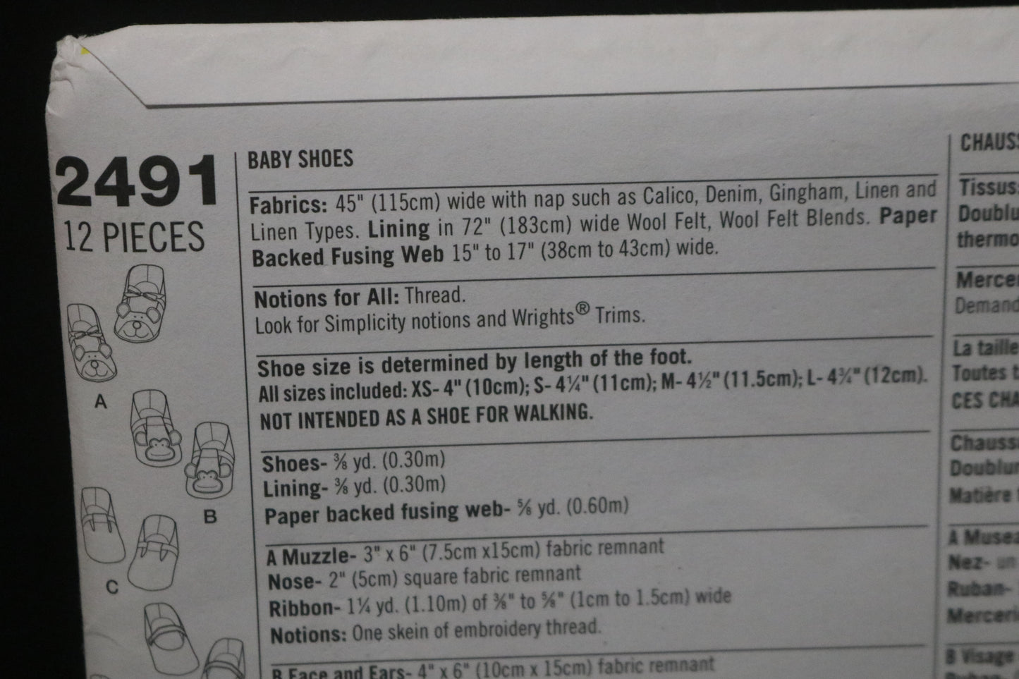 Simplicity 2491 Baby Shoes Sewing Pattern - UNCUT - Size XS S M L