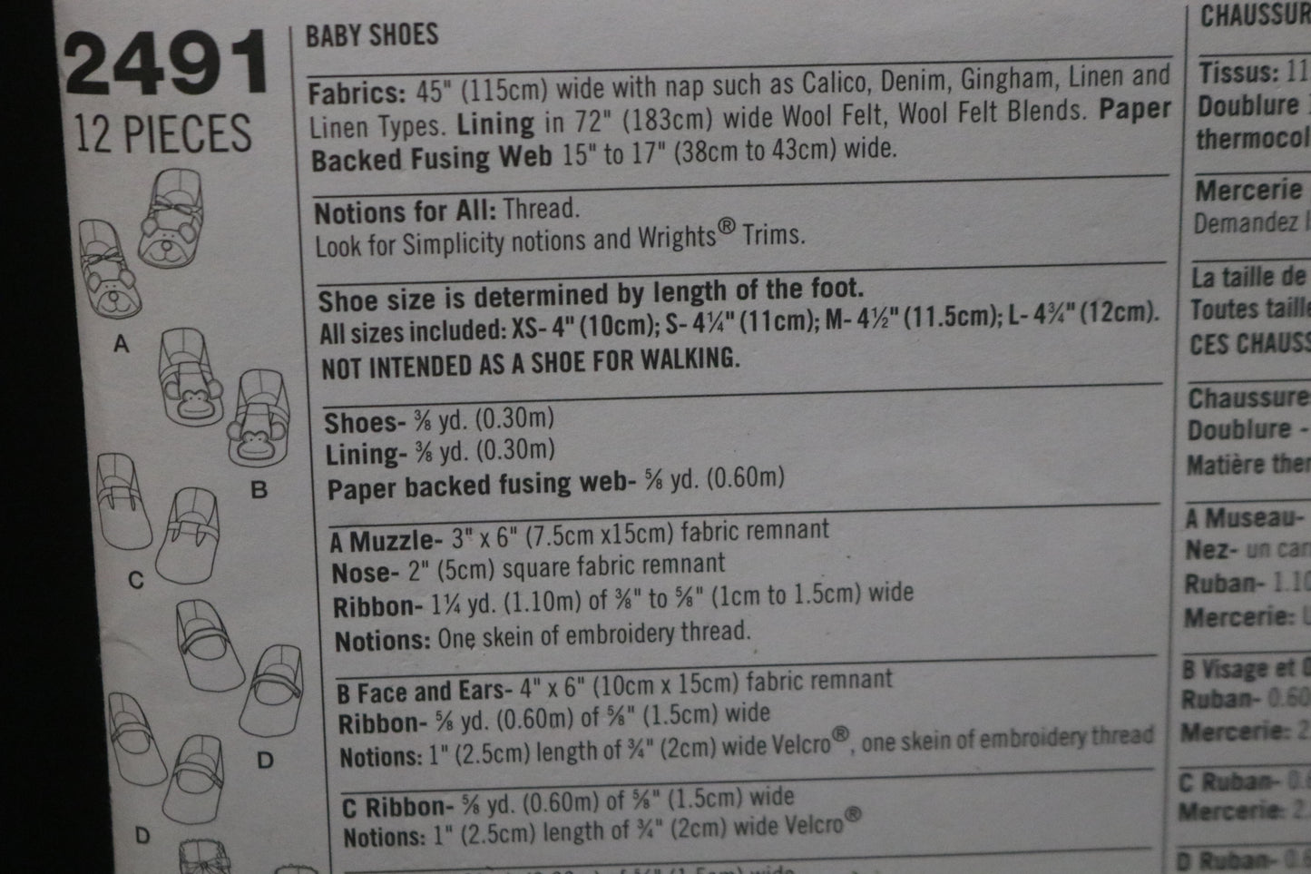 Simplicity 2491 Baby Shoes Sewing Pattern - UNCUT - Size XS S M L