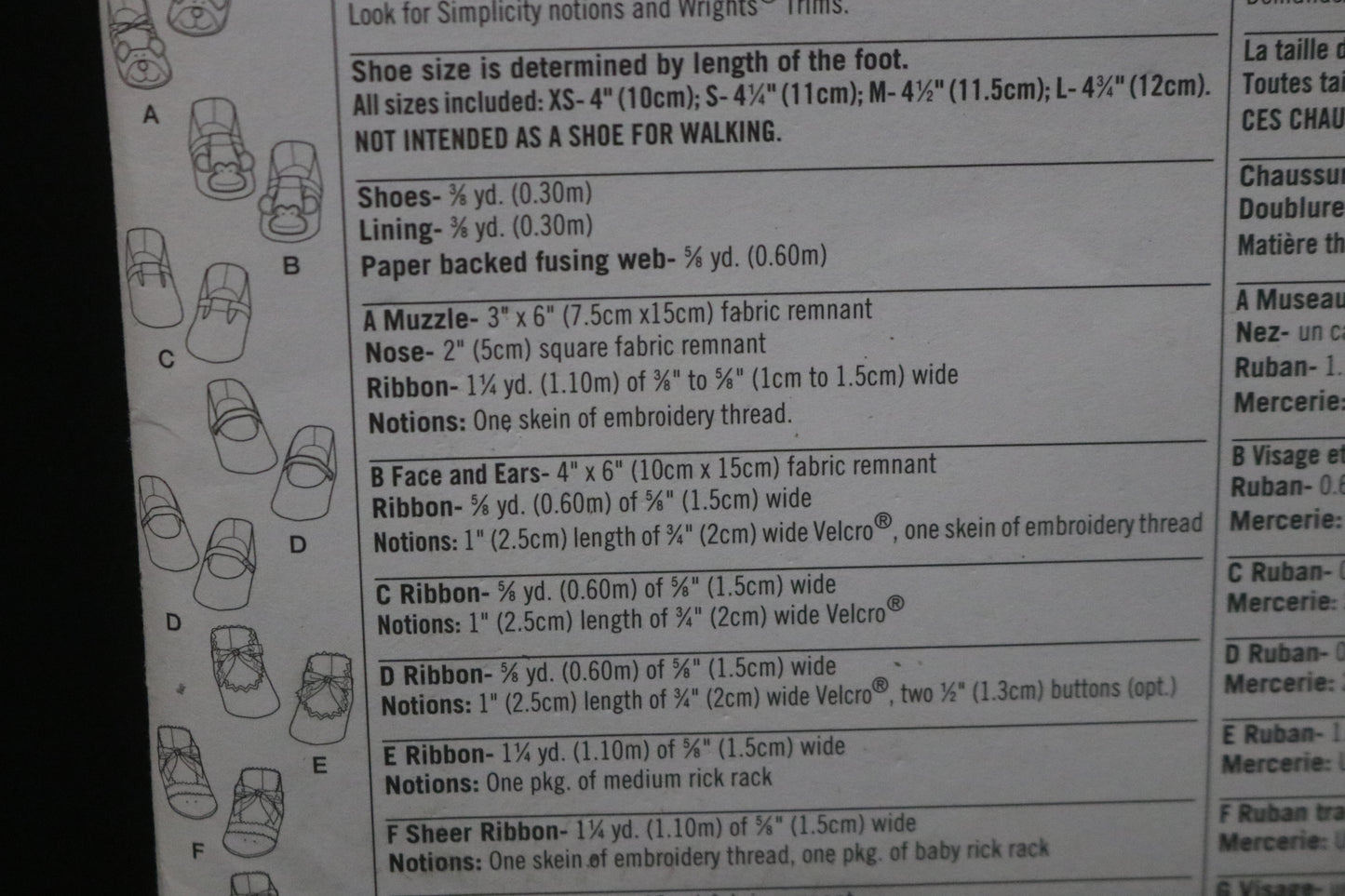 Simplicity 2491 Baby Shoes Sewing Pattern - UNCUT - Size XS S M L