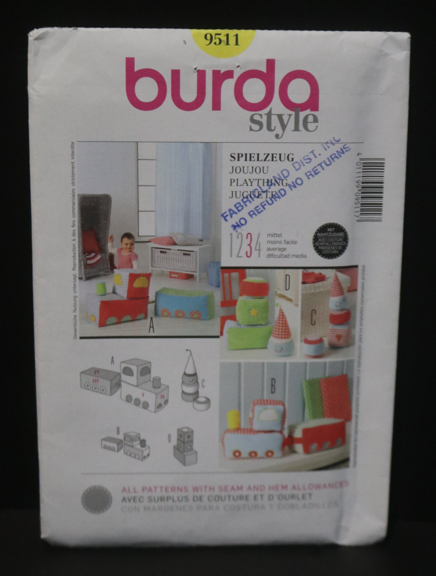 Burda 9511  Soft Toys Playthings Blocks Sewing Pattern UNCUT