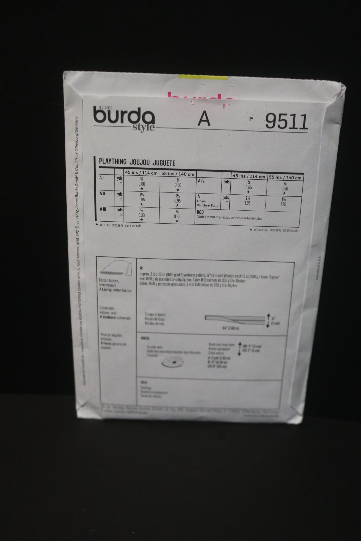 Burda 9511  Soft Toys Playthings Blocks Sewing Pattern UNCUT