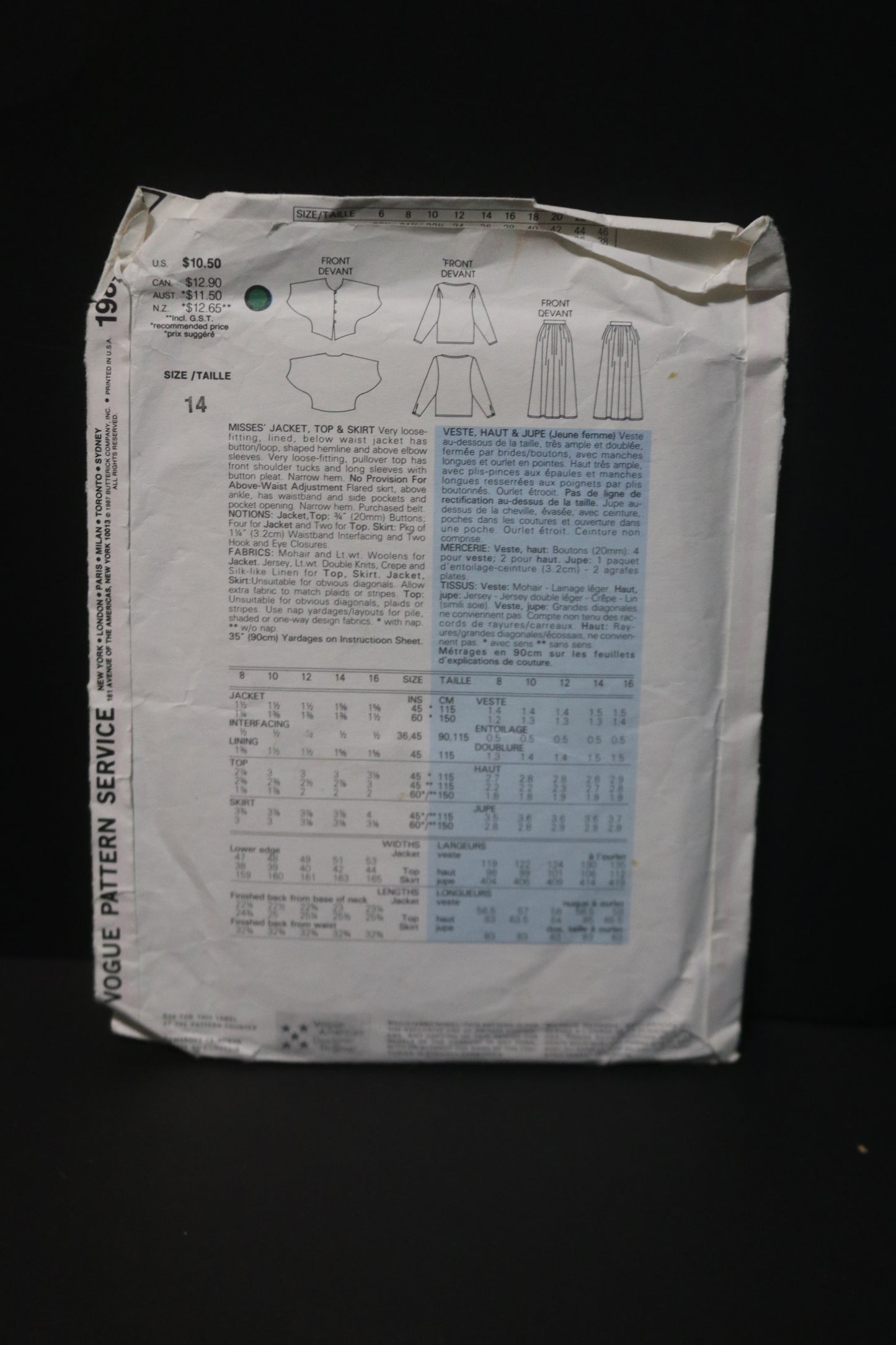 Vogue 1985 ADRI Misses Jacket Top and Skirt Sewing Pattern - UNCUT - Size 14