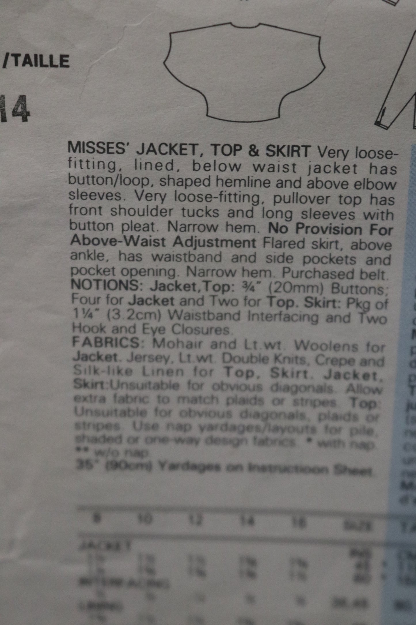 Vogue 1985 ADRI Misses Jacket Top and Skirt Sewing Pattern - UNCUT - Size 14