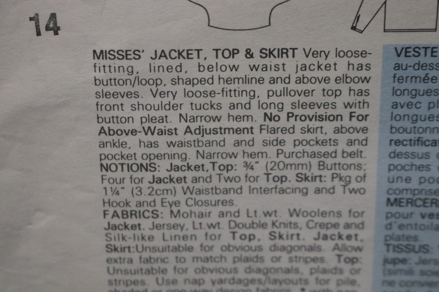 Vogue 1985 ADRI Misses Jacket Top and Skirt Sewing Pattern - UNCUT - Size 14