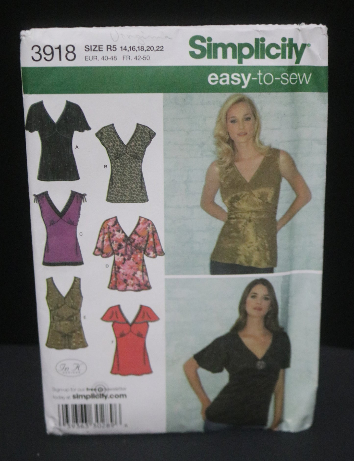 Simplicity 3918 Misses woven and Knit Tops Sewing Pattern UNCUT Size 14 16 18 20 22