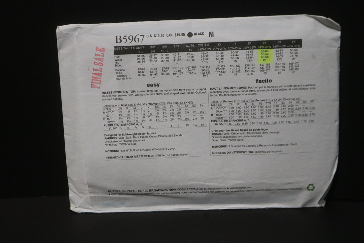 Butterick 5967 Connie Crawford Misses / Womens Top  Sewing Pattern - UNCUT - Size Xsm Sml Med Lrg Xlg