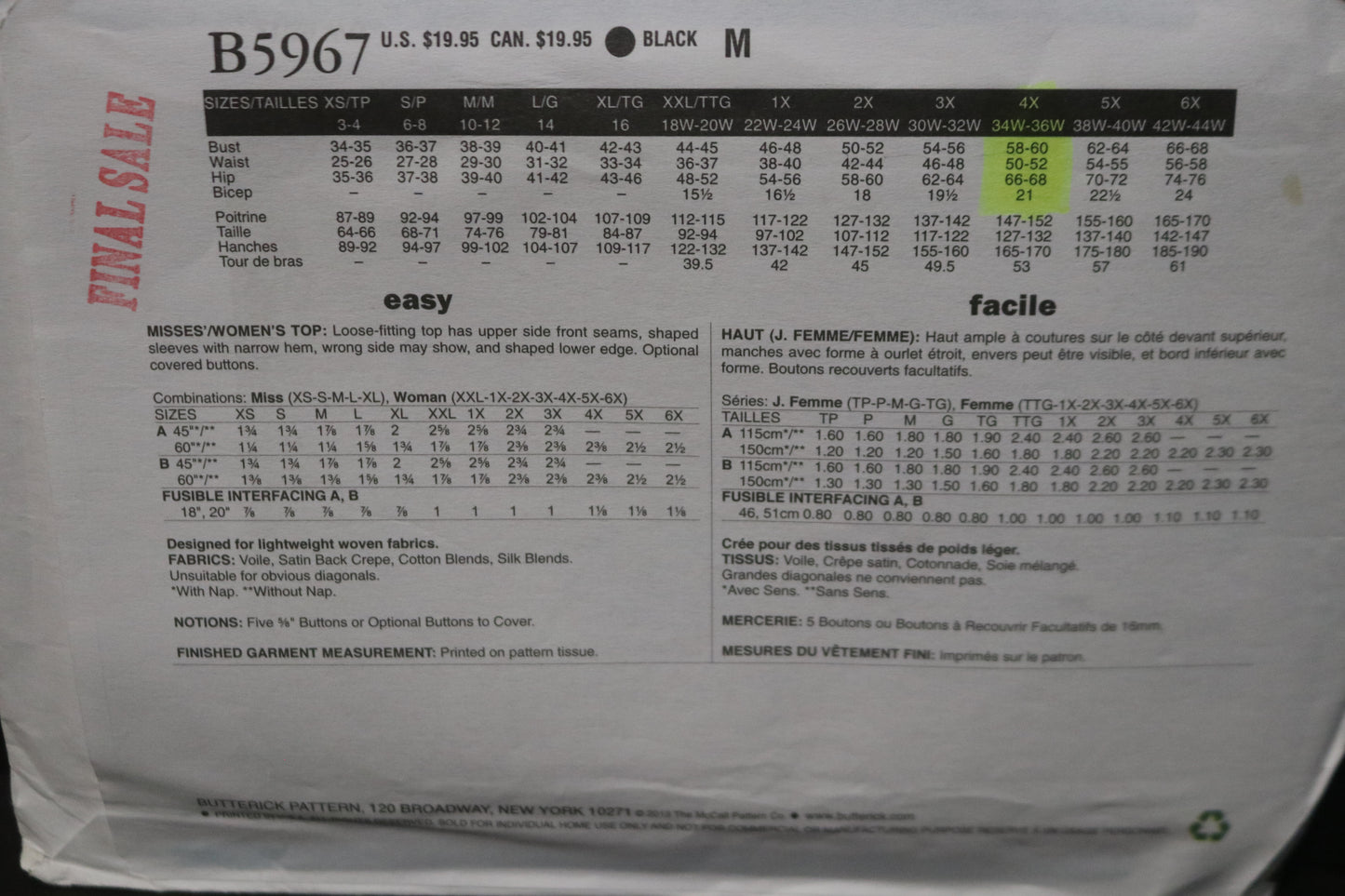 Butterick 5967 Connie Crawford Misses / Womens Top  Sewing Pattern - UNCUT - Size Xsm Sml Med Lrg Xlg