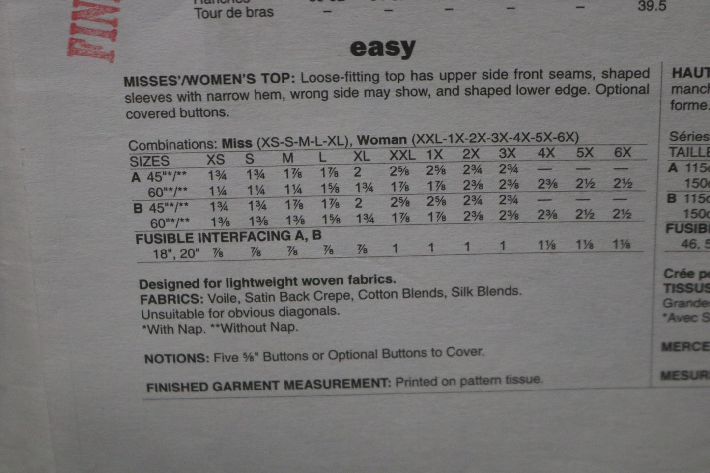 Butterick 5967 Connie Crawford Misses / Womens Top  Sewing Pattern - UNCUT - Size Xsm Sml Med Lrg Xlg