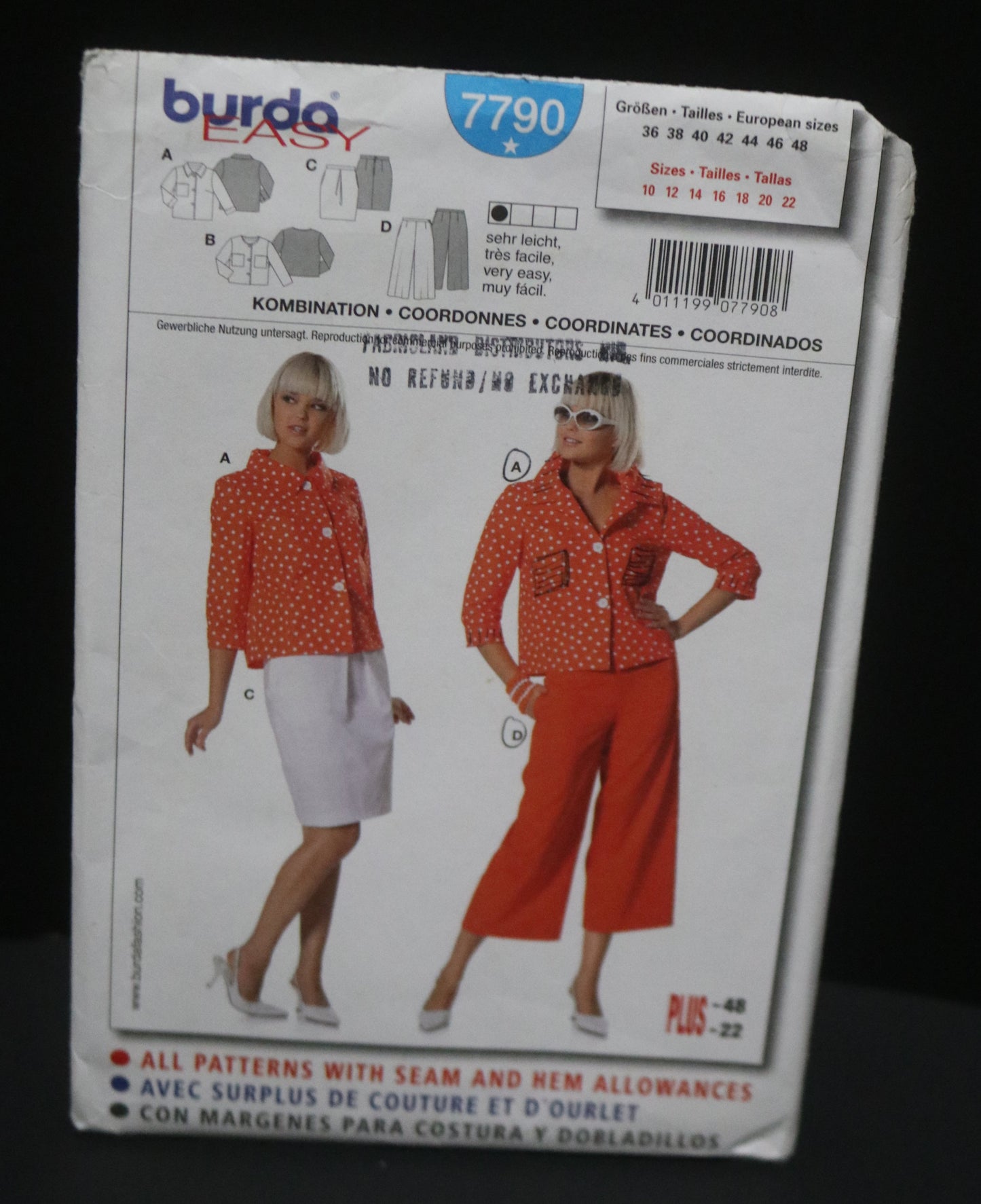 Burda 7790 Jacket Skirt and Pants Sewing Pattern - UNCUT - Size 10 12 14 16 18 20 22