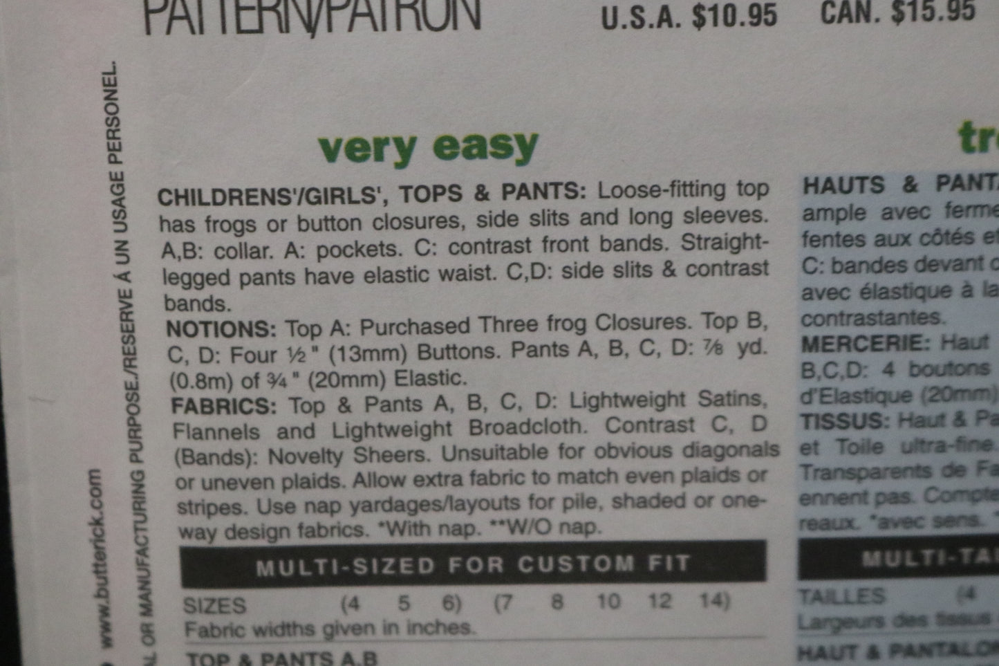 Butterick 4014 Girls Pajama Top and Pants Sewing Pattern - UNCUT - Size 7 8 10