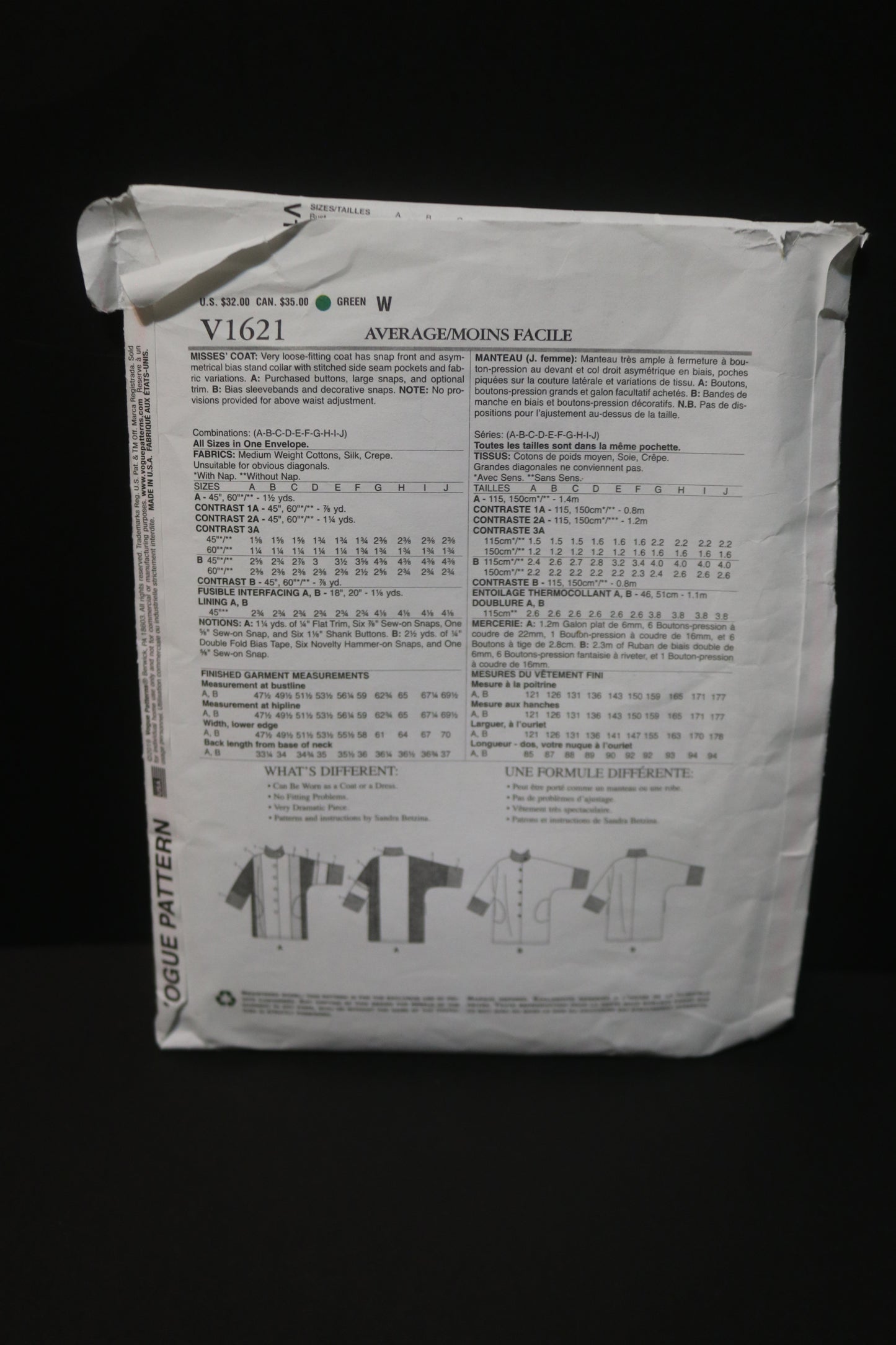 Vogue 1621 Sandra Betzina Misses Coat Sewing Pattern - UNCUT - Size A B C D E F G H I J