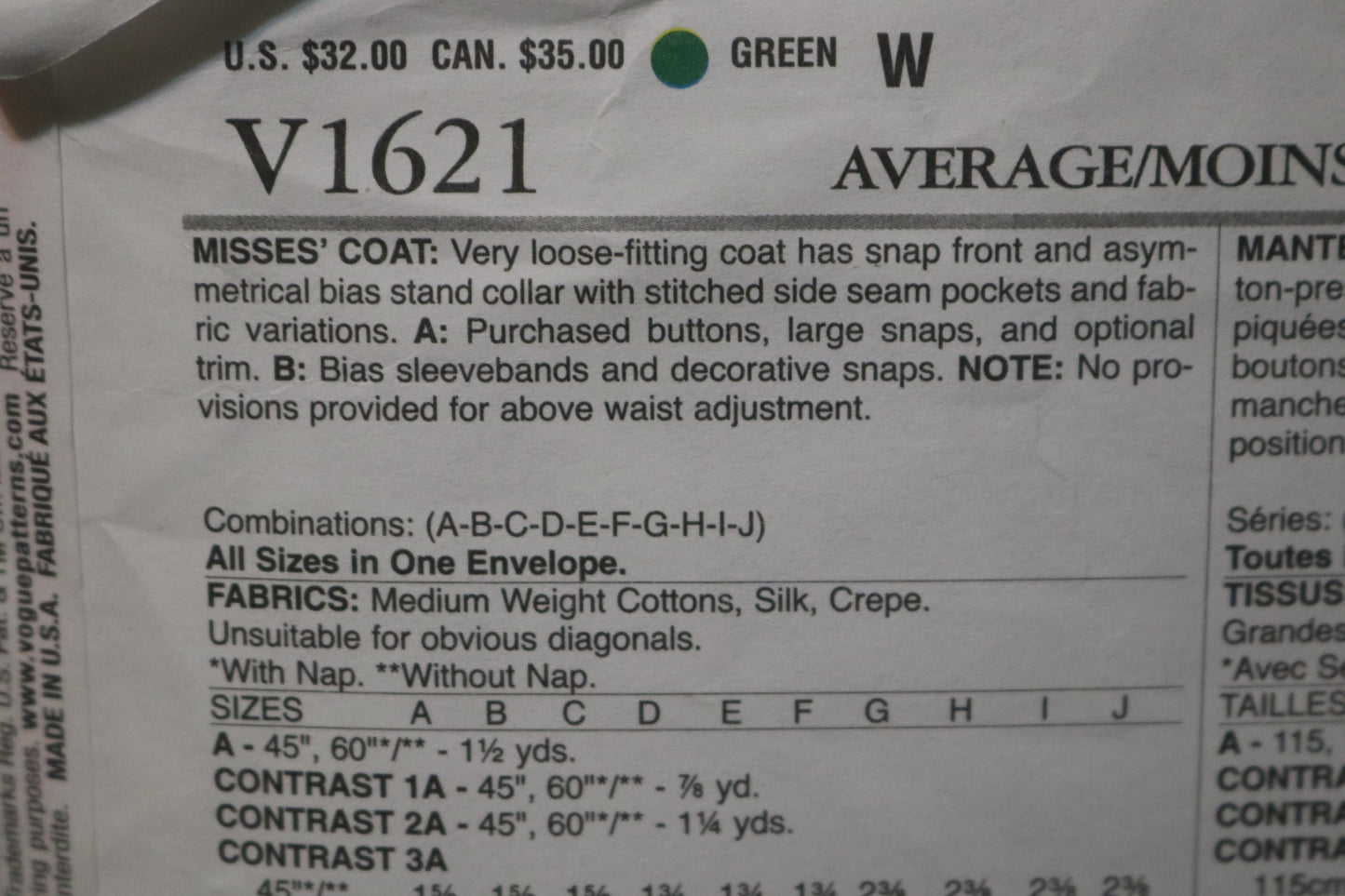Vogue 1621 Sandra Betzina Misses Coat Sewing Pattern - UNCUT - Size A B C D E F G H I J