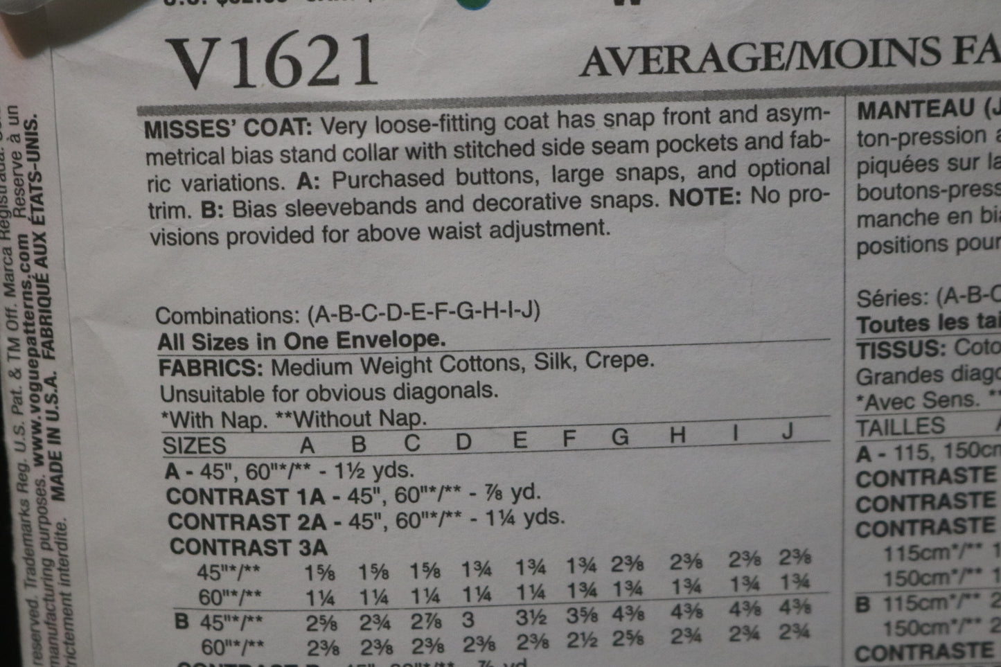 Vogue 1621 Sandra Betzina Misses Coat Sewing Pattern - UNCUT - Size A B C D E F G H I J