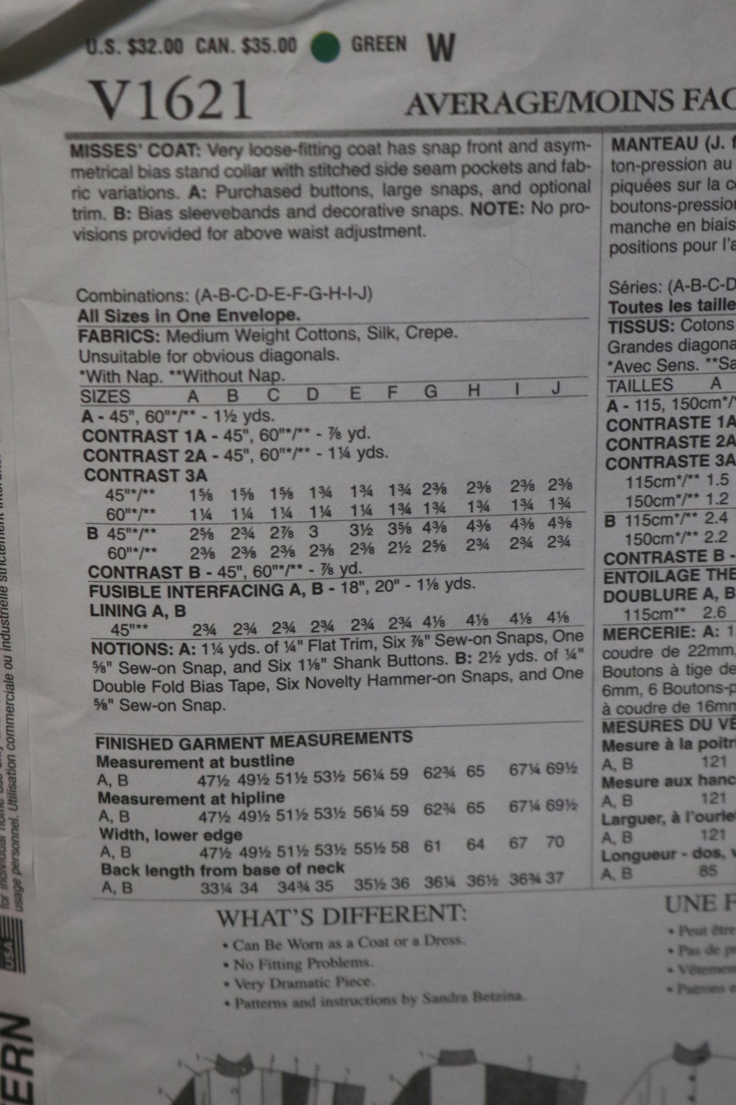 Vogue 1621 Sandra Betzina Misses Coat Sewing Pattern - UNCUT - Size A B C D E F G H I J