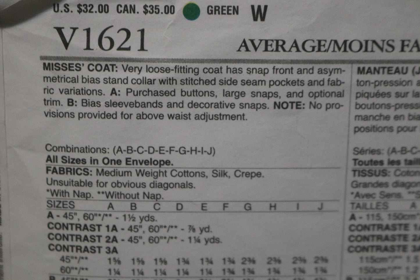 Vogue 1621 Sandra Betzina Misses Coat Sewing Pattern - UNCUT - Size A B C D E F G H I J