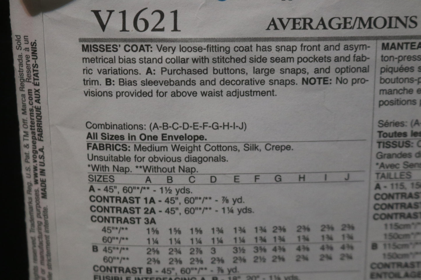 Vogue 1621 Sandra Betzina Misses Coat Sewing Pattern - UNCUT - Size A B C D E F G H I J