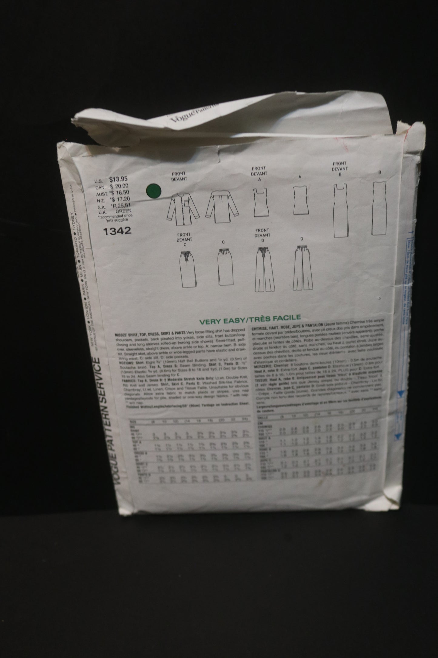 Vogue 1342 Misses Shirt Top Dress and Pants Sewing Pattern - UNCUT - Size 20 22 24