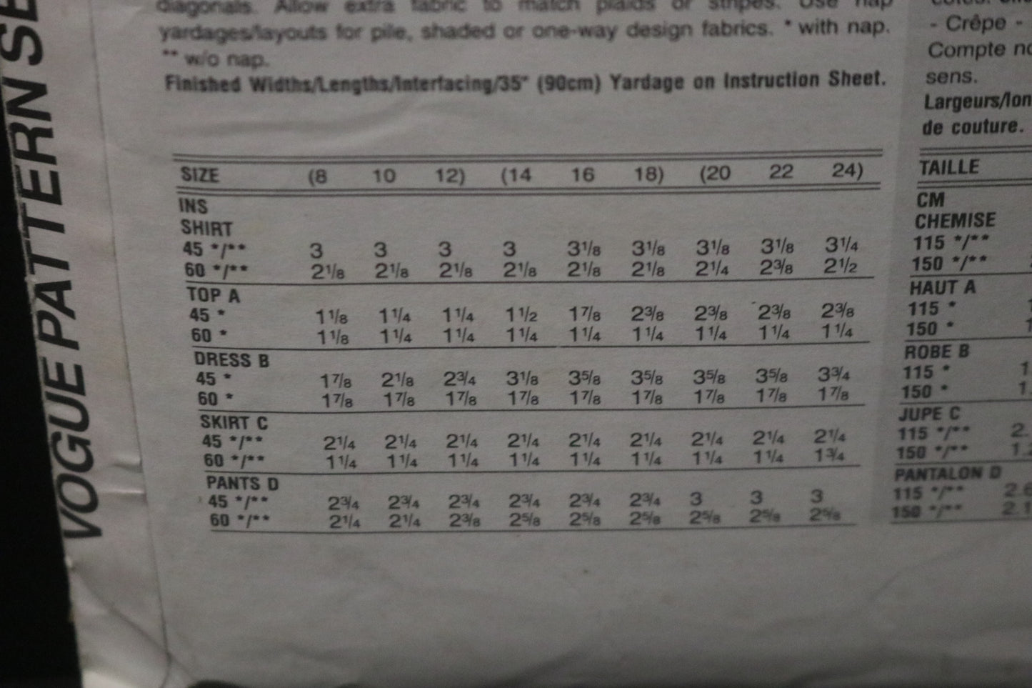 Vogue 1342 Misses Shirt Top Dress and Pants Sewing Pattern - UNCUT - Size 20 22 24