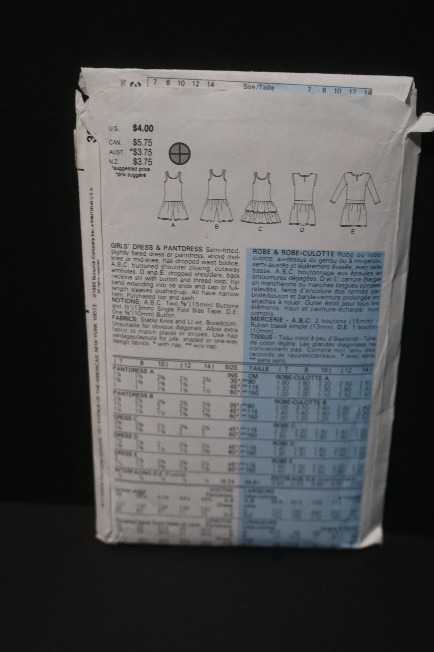 Butterick 3310 Girls Dress and Pantdress Sewing Pattern - UNCUT Size 12 -14