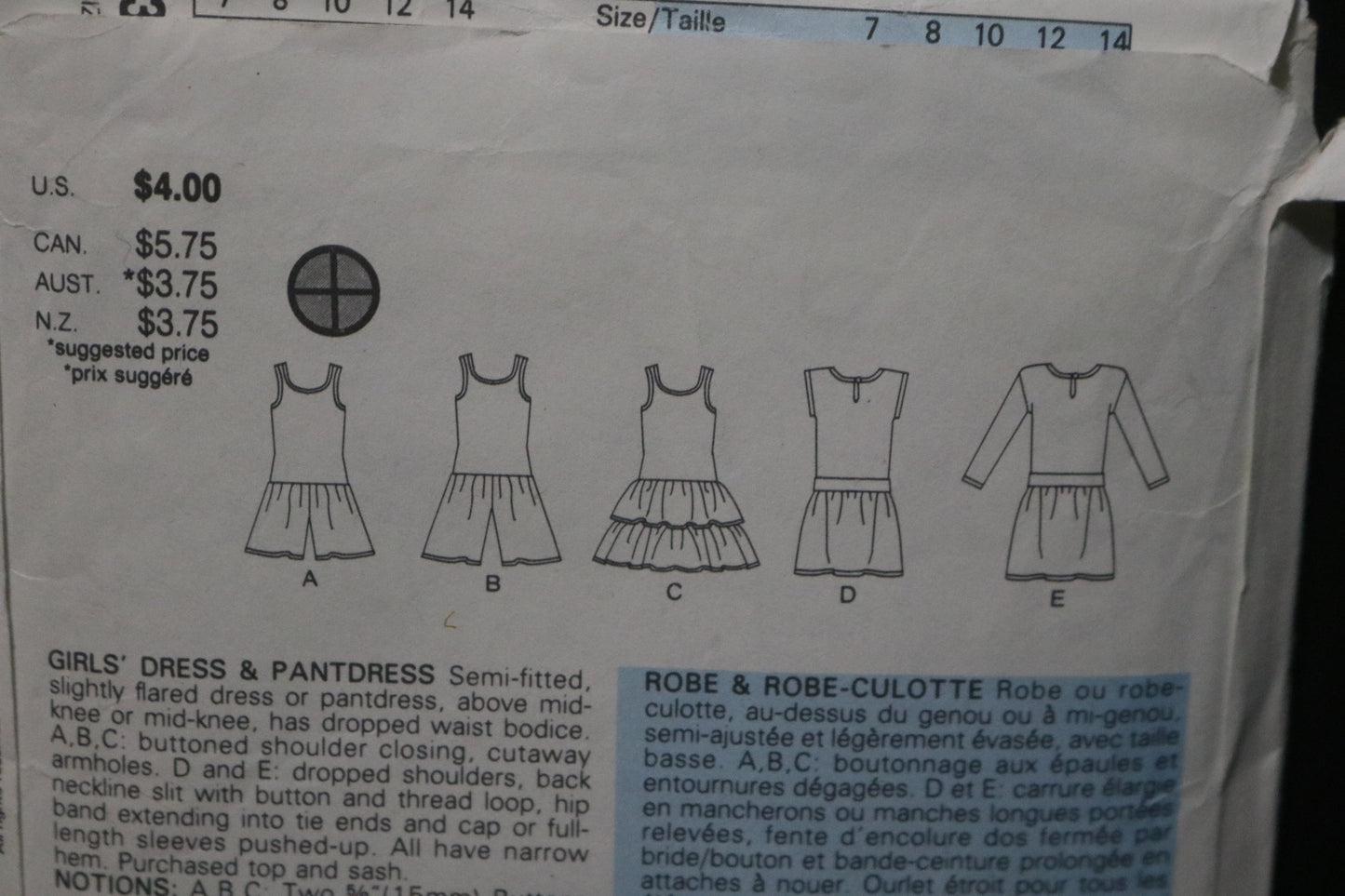 Butterick 3310 Girls Dress and Pantdress Sewing Pattern - UNCUT Size 12 -14