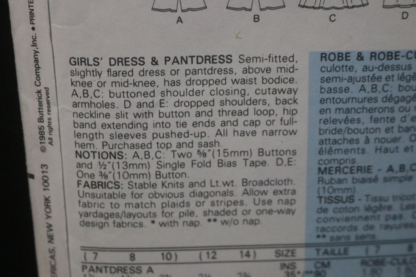 Butterick 3310 Girls Dress and Pantdress Sewing Pattern - UNCUT Size 12 -14