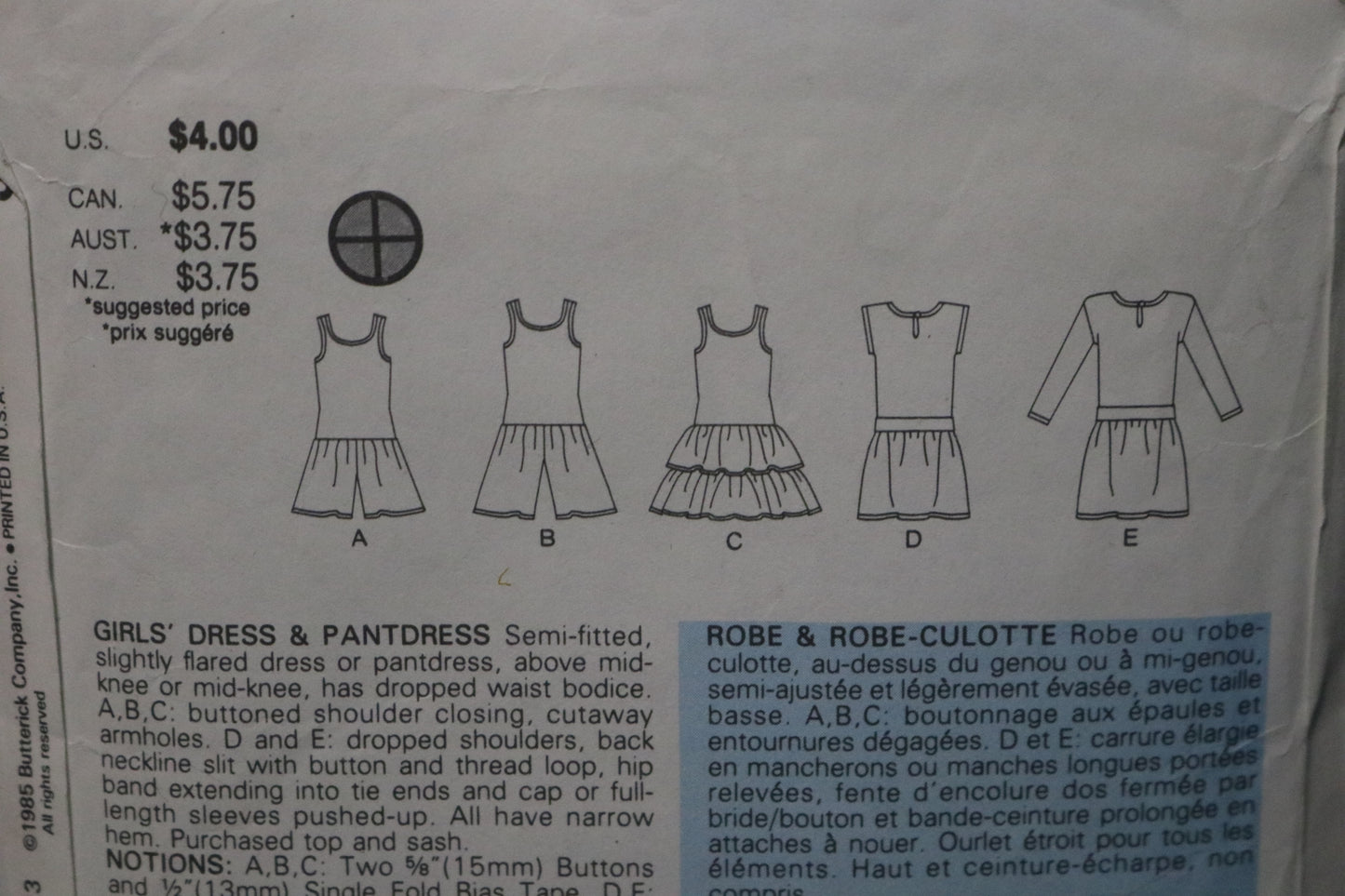 Butterick 3310 Girls Dress and Pantdress Sewing Pattern - UNCUT Size 12 -14