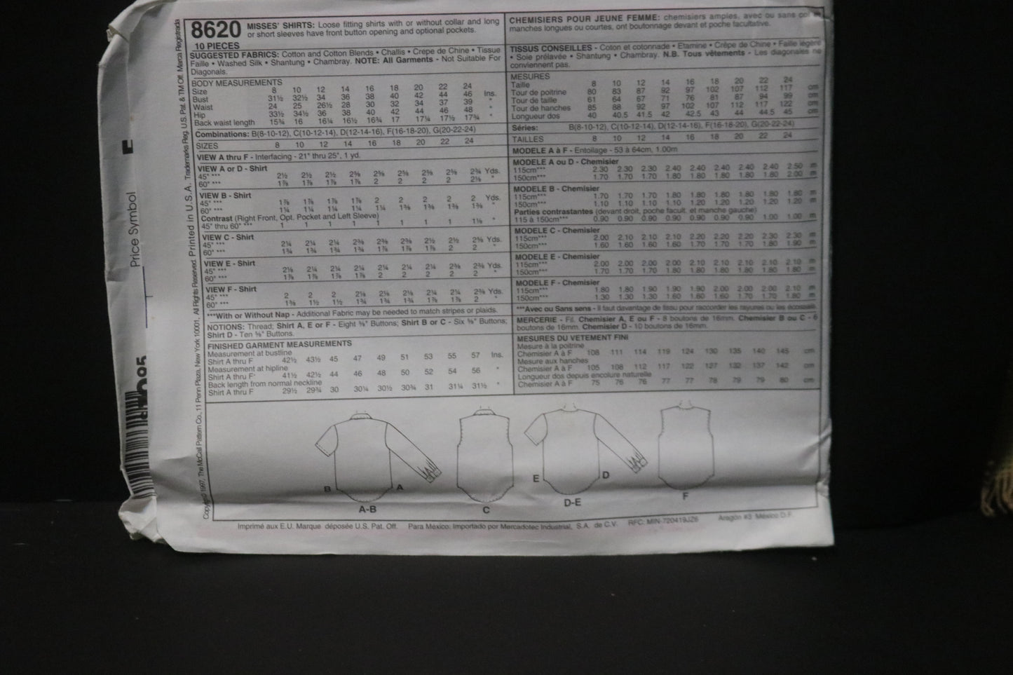 McCalls 8620 Misses Shirts Sewing Pattern UNCUT - Size 8 10 12