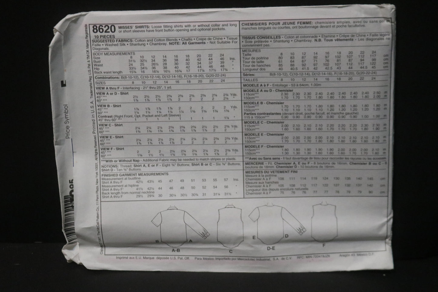 McCalls 8620 Misses Shirts Sewing Pattern UNCUT - Size 8 10 12