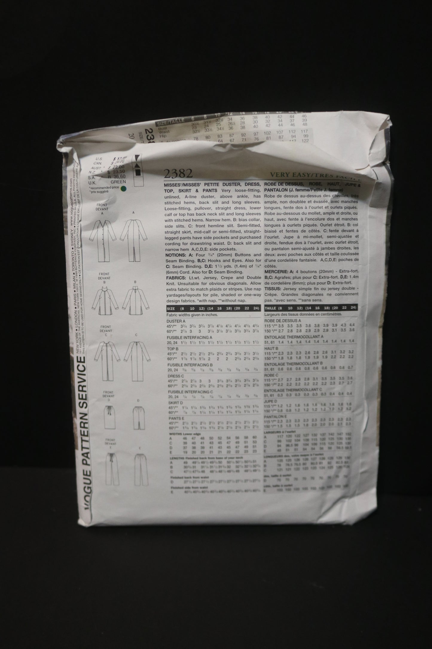 Vogue 2382 Misses / Misses Petite Duster Dress Top Skirt and Pants Sewing Pattern - UNCUT - Size 20 22 24