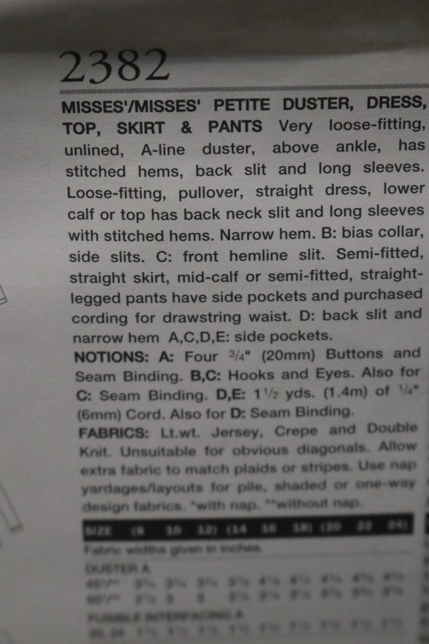 Vogue 2382 Misses / Misses Petite Duster Dress Top Skirt and Pants Sewing Pattern - UNCUT - Size 20 22 24