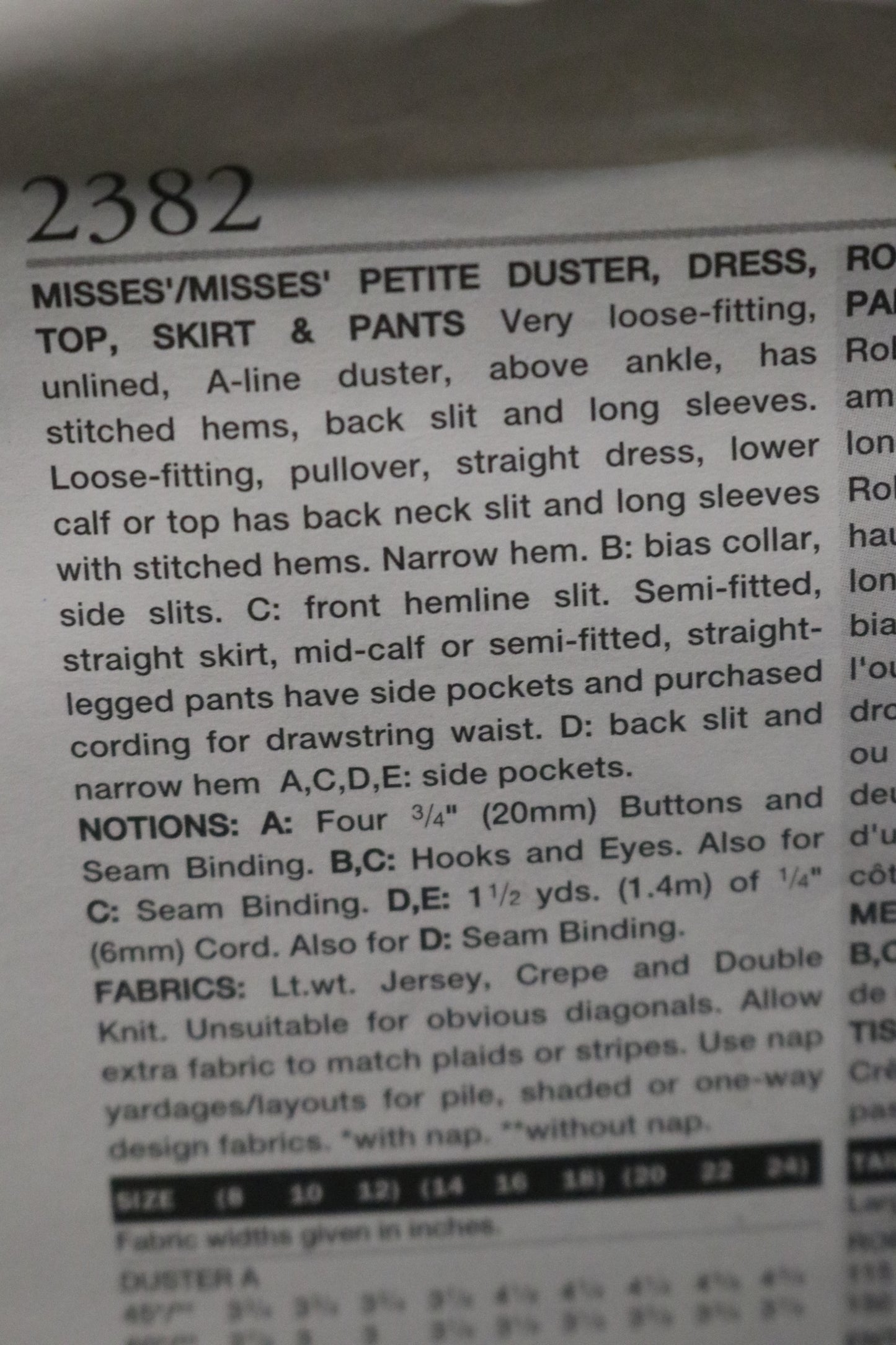 Vogue 2382 Misses / Misses Petite Duster Dress Top Skirt and Pants Sewing Pattern - UNCUT - Size 20 22 24