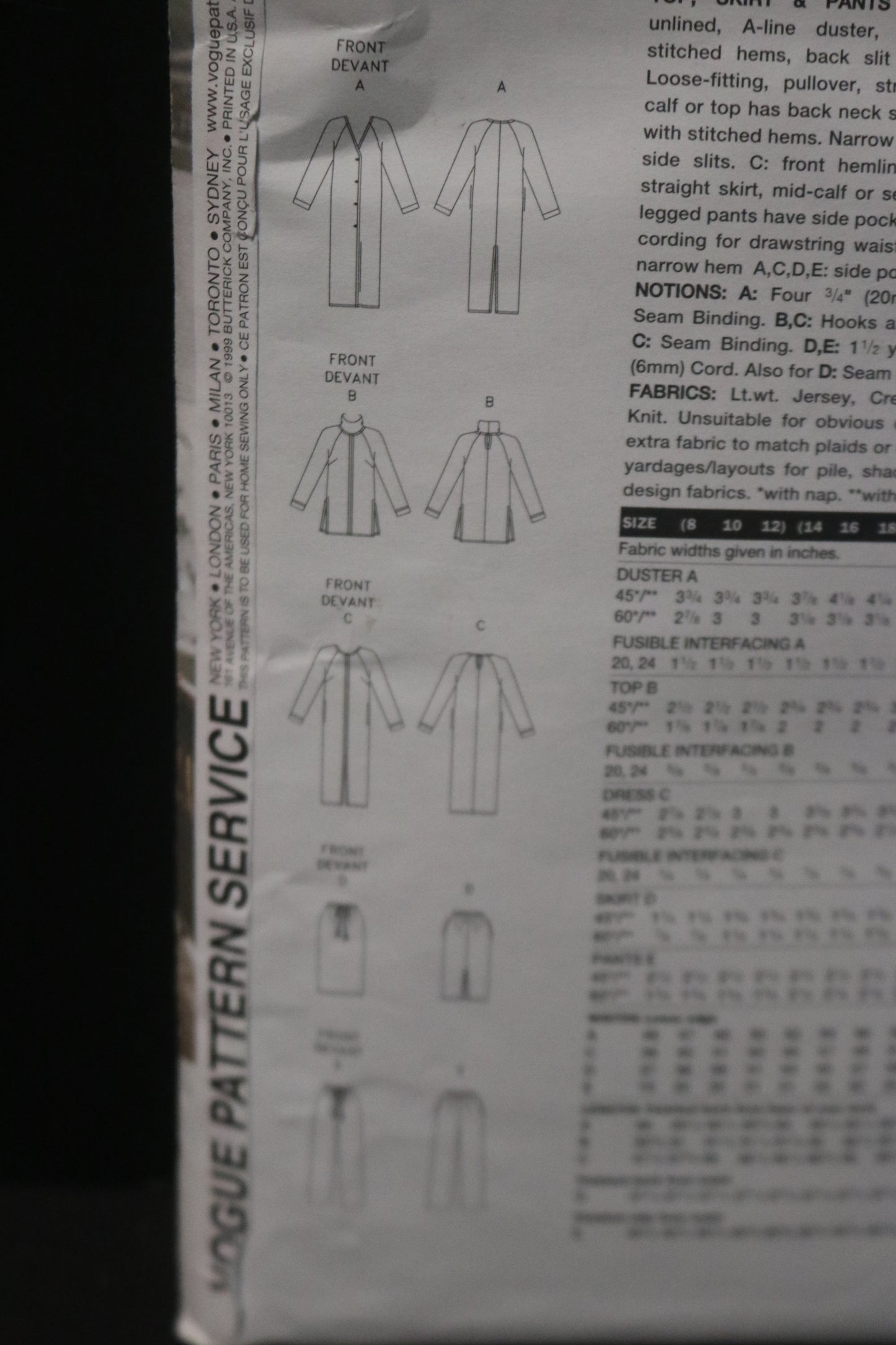 Vogue 2382 Misses / Misses Petite Duster Dress Top Skirt and Pants Sewing Pattern - UNCUT - Size 20 22 24