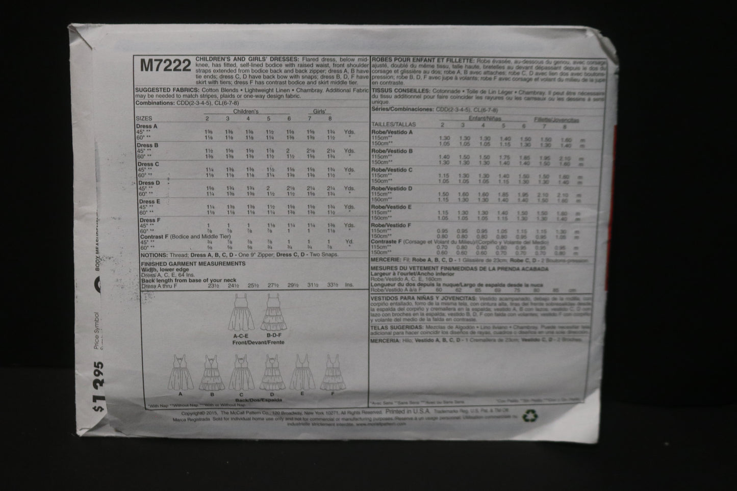 McCalls 7222 Children's Girls Dresses Sewing Pattern UNCUT Size 2 3 4 5