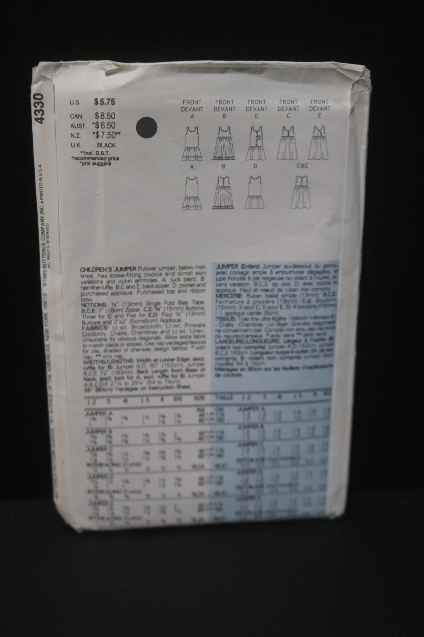 Butterick 4330 Childrens Jumper Sewing Pattern - UNCUT Size 5 6 6X