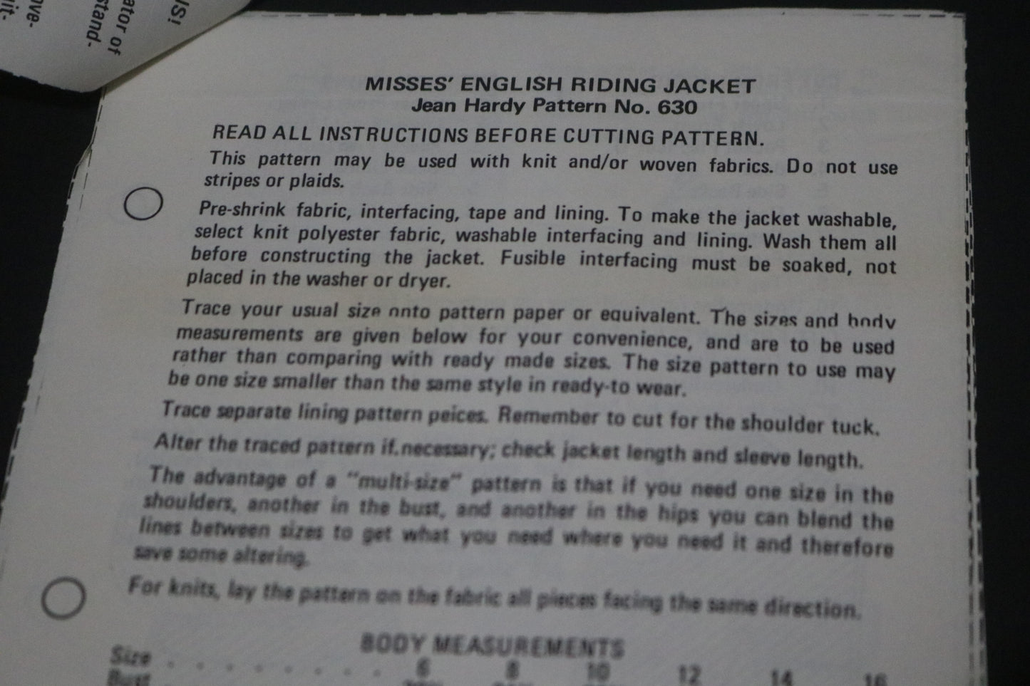 Jean Hardy Pattern No. 630 Misses English Riding Jacket Sewing Pattern UNCUT Size 6 - 16