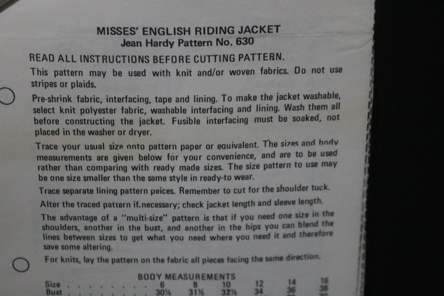 Jean Hardy Pattern No. 630 Misses English Riding Jacket Sewing Pattern UNCUT Size 6 - 16