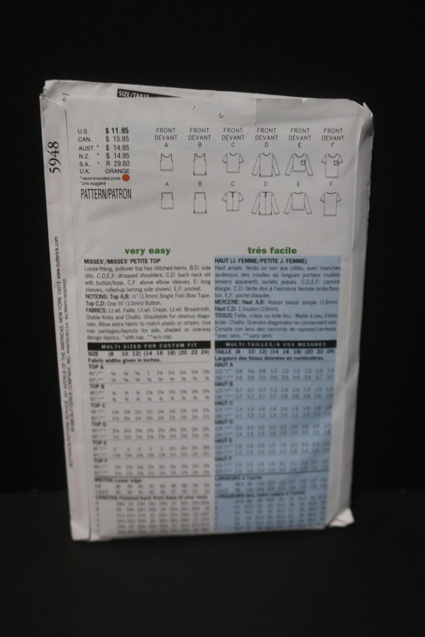 Butterick 5948 Misses / Misses Petite Top Sewing Pattern UNCUT  Size 14 16 18