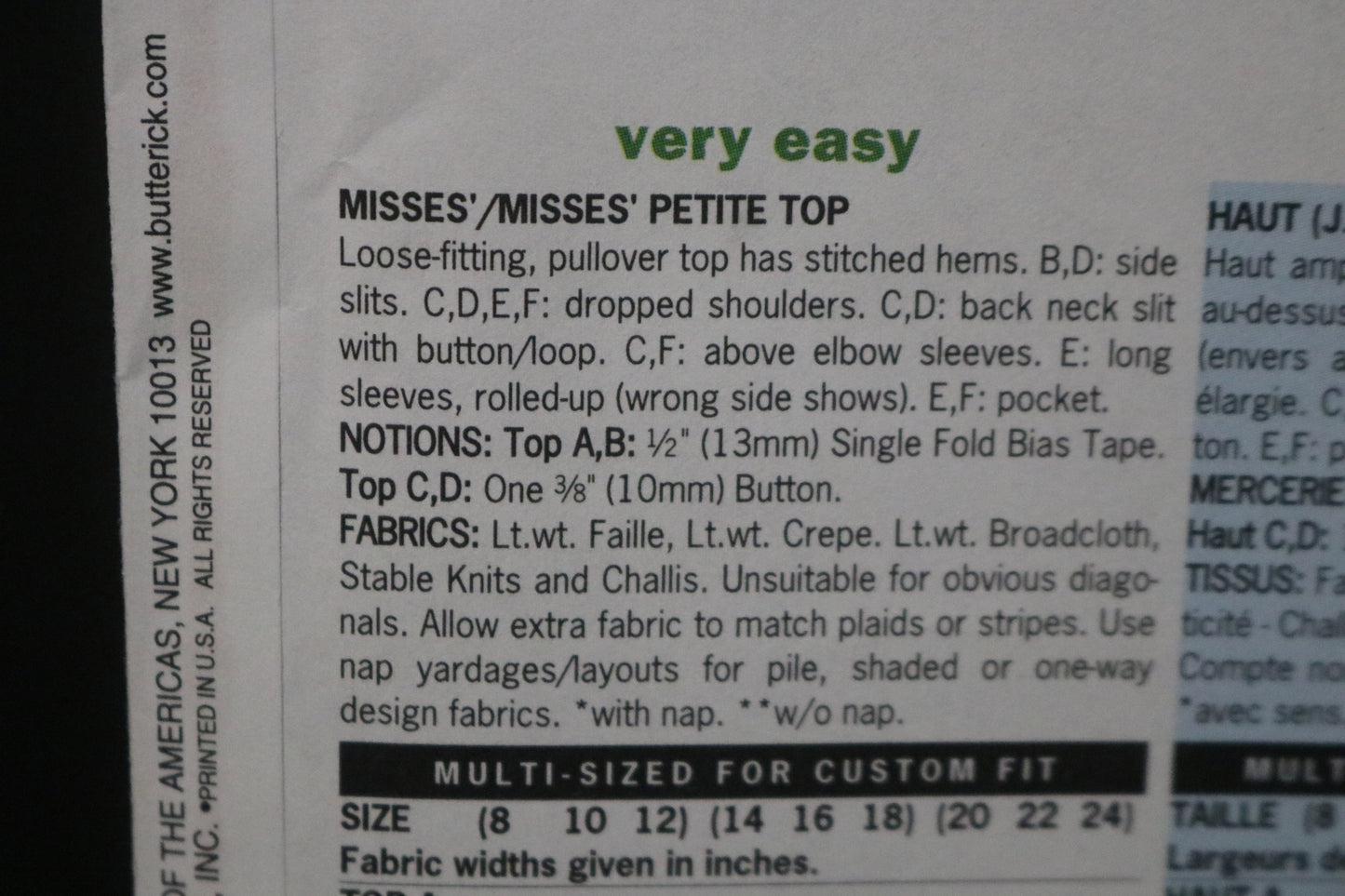 Butterick 5948 Misses / Misses Petite Top Sewing Pattern UNCUT  Size 14 16 18