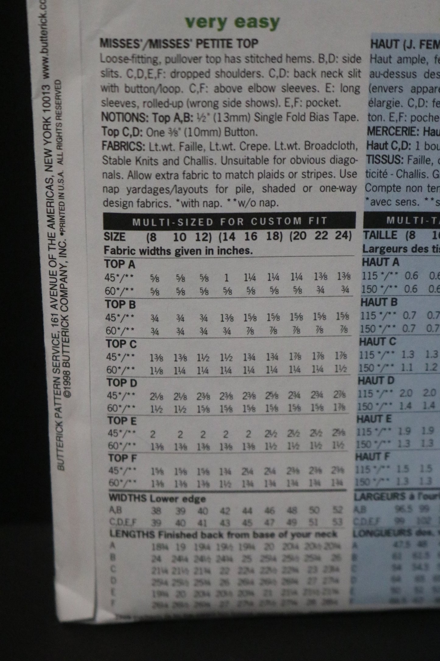 Butterick 5948 Misses / Misses Petite Top Sewing Pattern UNCUT  Size 14 16 18