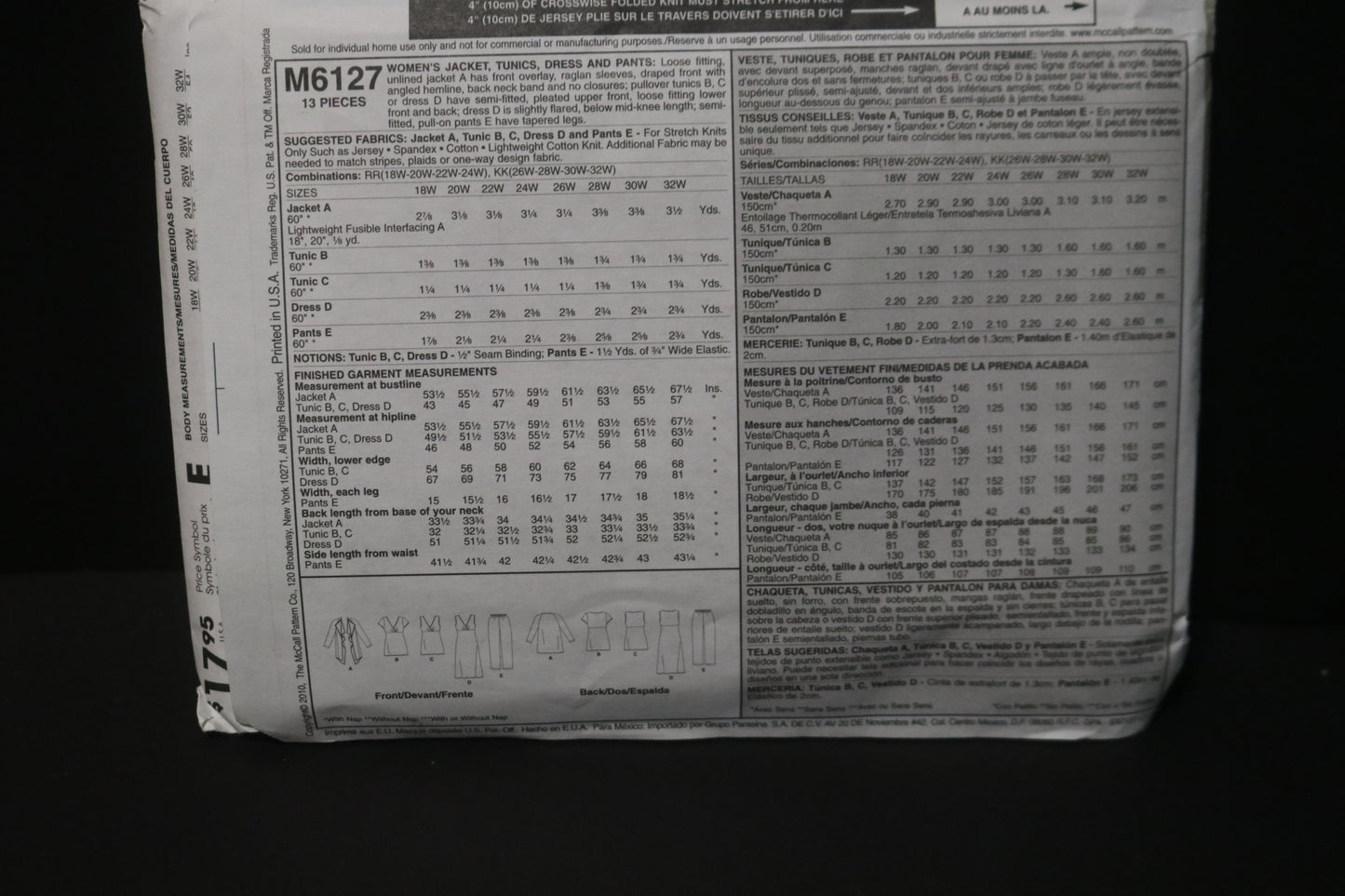 McCalls 6127 Womens Jacket Tunics, Dress and Pants Sewing Pattern UNCUT Size 18w 20w 22w 24w