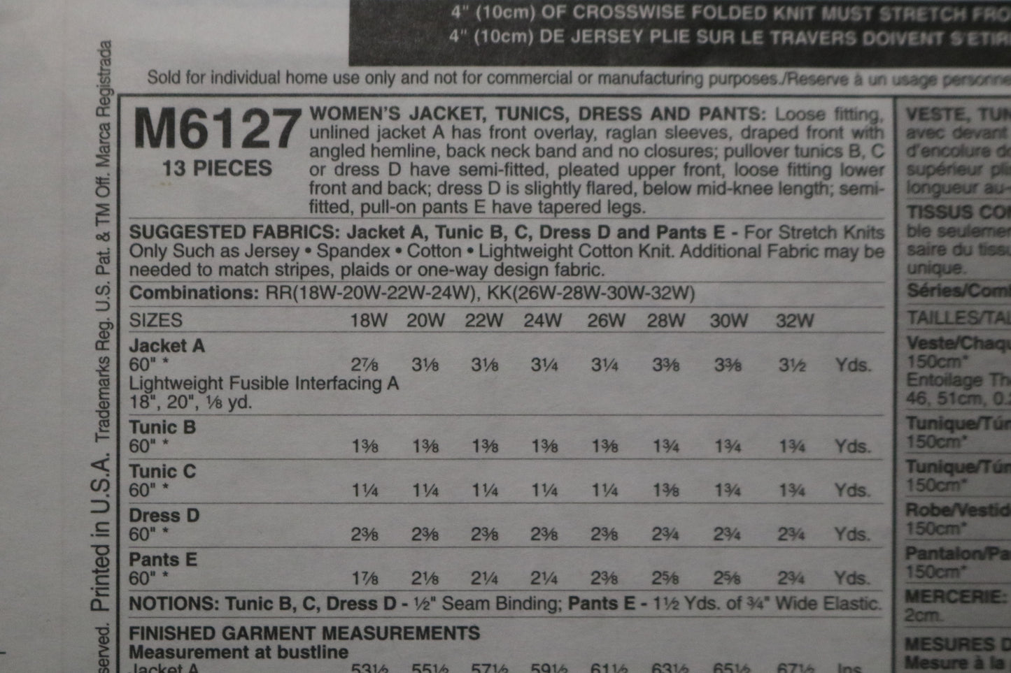 McCalls 6127 Womens Jacket Tunics, Dress and Pants Sewing Pattern UNCUT Size 18w 20w 22w 24w