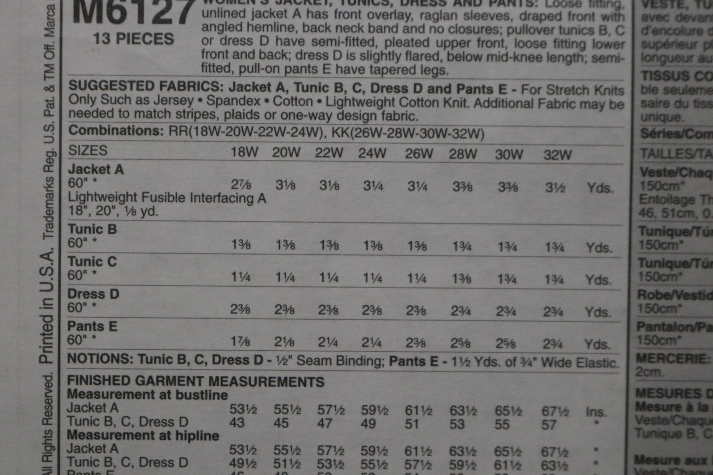 McCalls 6127 Womens Jacket Tunics, Dress and Pants Sewing Pattern UNCUT Size 18w 20w 22w 24w