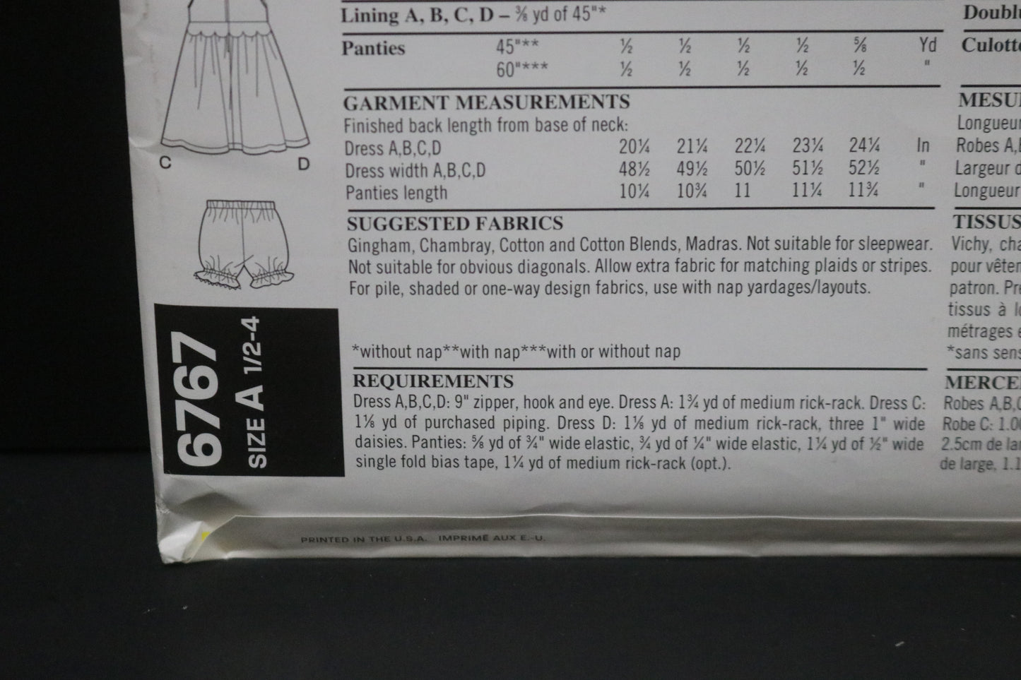 New Look 6767 Girls Toddlers Dress and Panties Sewing Pattern UNCUT Size 1/2 1 2 3 4