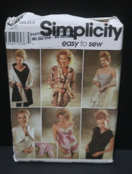 Simplicity 9961 Misses Camisole and Tap Pants, Bias Top, Lined Shrug, Robe, Scarf or Wrap and Slippers with Bag...Slippers in Three Sizes Sewing Pattern - UNCUT  - Size S(5-6) M (7-6) L(9 - 10)