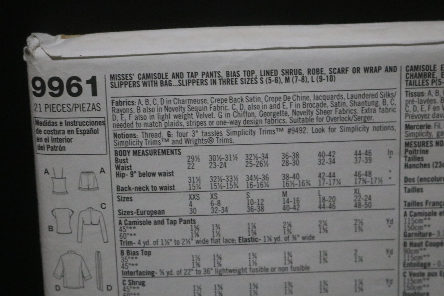 Simplicity 9961 Misses Camisole and Tap Pants, Bias Top, Lined Shrug, Robe, Scarf or Wrap and Slippers with Bag...Slippers in Three Sizes Sewing Pattern - UNCUT  - Size S(5-6) M (7-6) L(9 - 10)