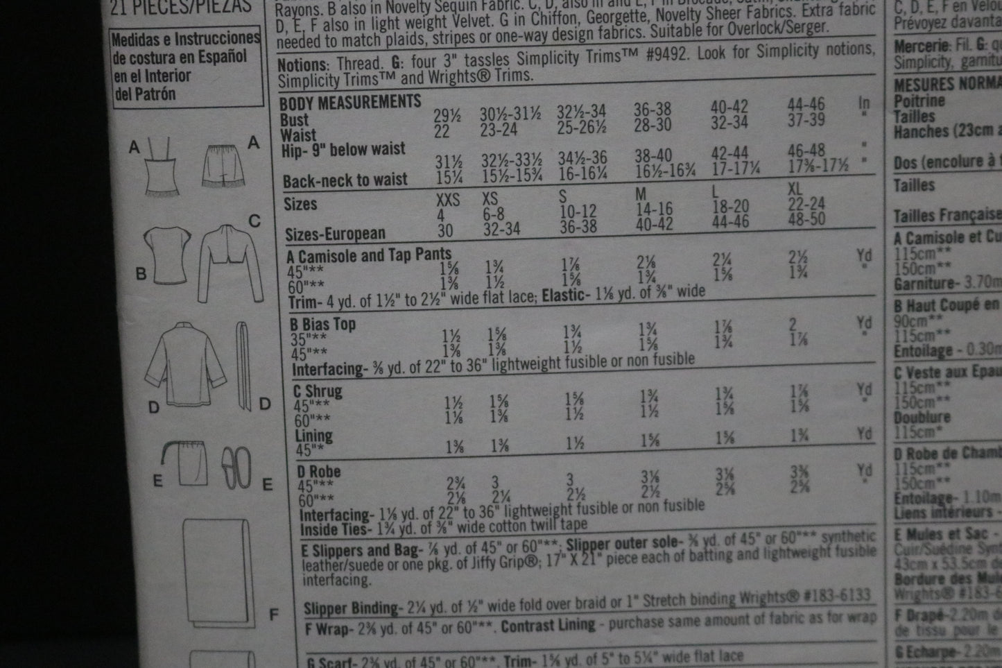 Simplicity 9961 Misses Camisole and Tap Pants, Bias Top, Lined Shrug, Robe, Scarf or Wrap and Slippers with Bag...Slippers in Three Sizes Sewing Pattern - UNCUT  - Size S(5-6) M (7-6) L(9 - 10)