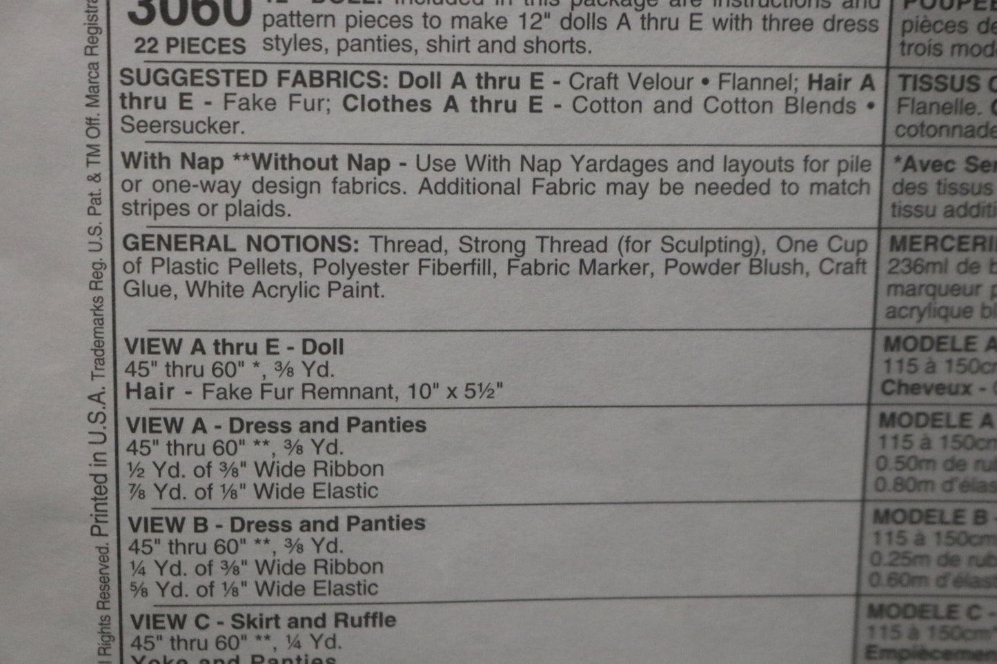 McCalls 3060 Faye Wine 12" Soft Sculptured Doll Sewing Pattern Uncut