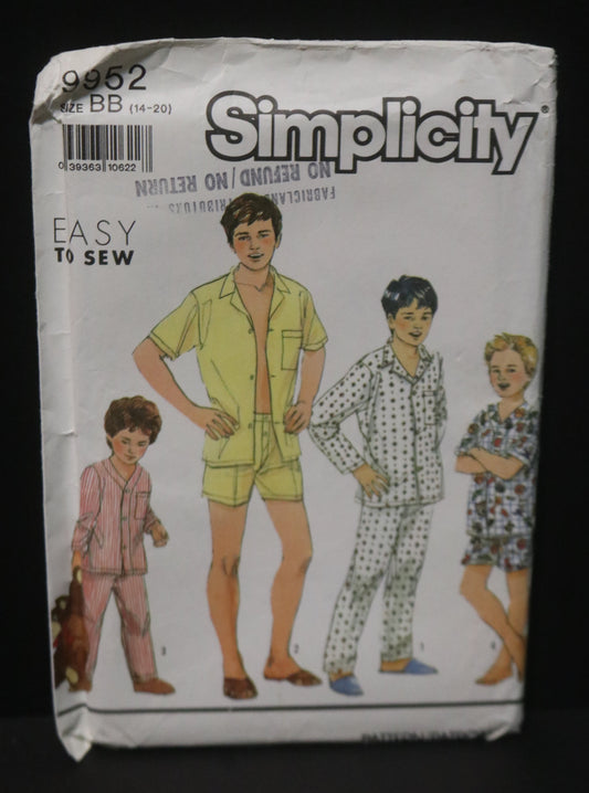 Simplicity 9952 Boys and Teen Boys  Pajamas in Two Length Sewing Pattern UNCUT Size 14 - 20