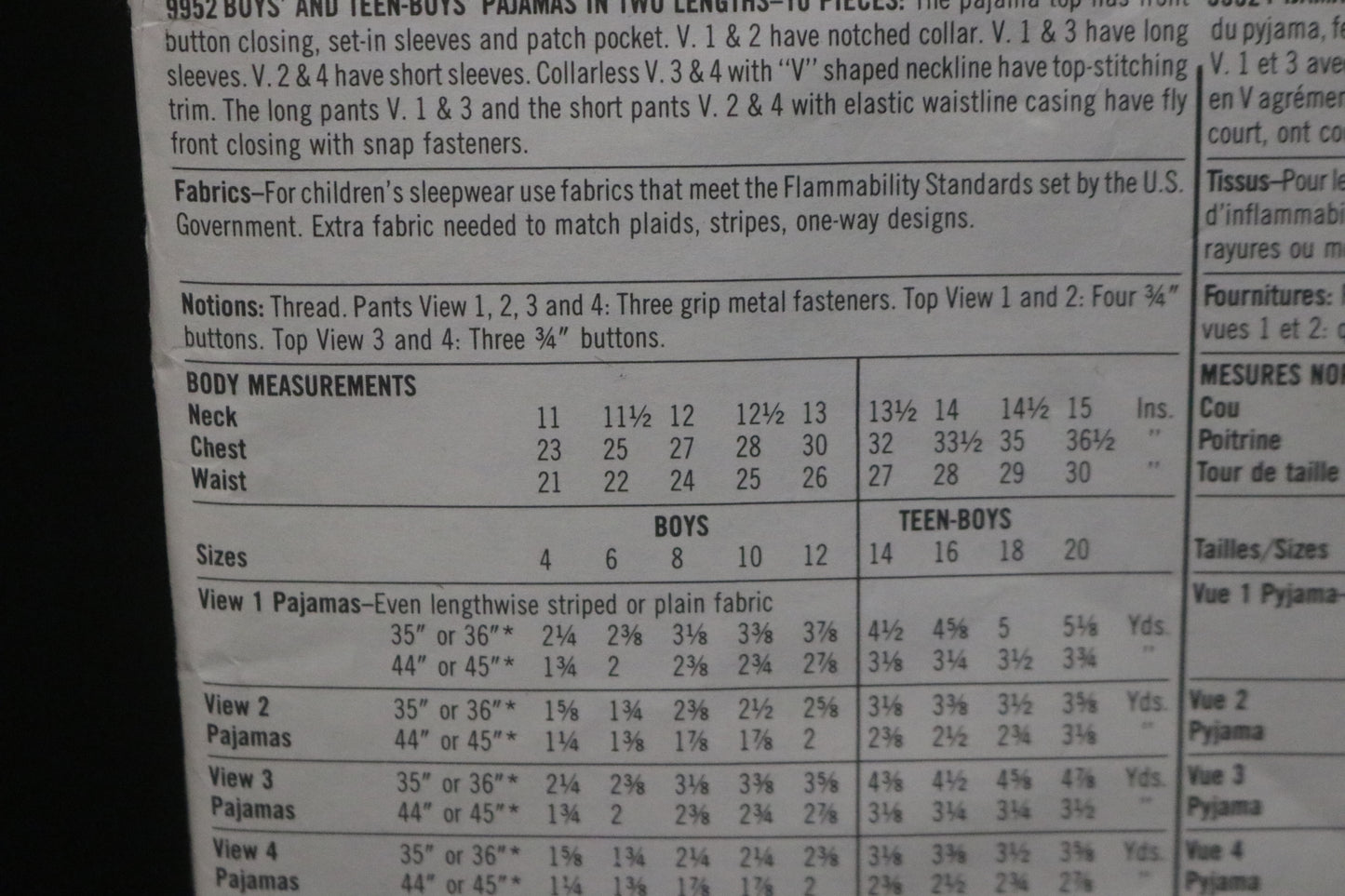 Simplicity 9952 Boys and Teen Boys  Pajamas in Two Length Sewing Pattern UNCUT Size 14 - 20